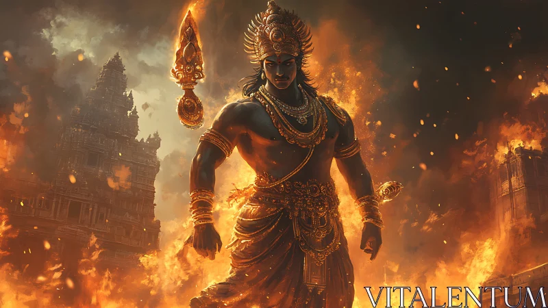 Divine warrior strides through burning temple cityscape.