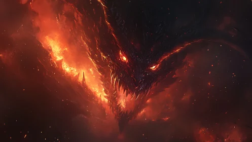 Concept art infernal dragon head in volcanic chiaroscuro focus.