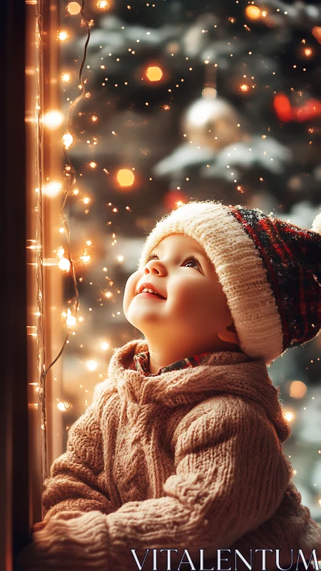 Child near window observing seasonal lights indoors.