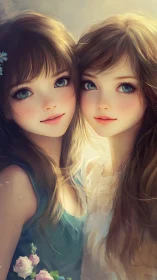 Digital painting portrait of two girls in soft backlight.