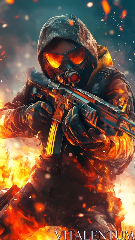 Inferno-clad soldier strides through sparks with molten focus