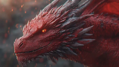 Ember-eyed crimson dragon basking in drifting cinders.