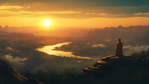 Solitary wanderer greeting a river of molten sunrise light.