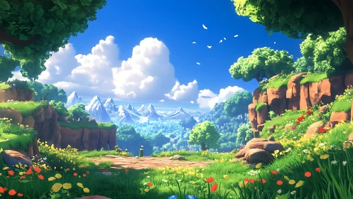 Sunlit meadow opens toward distant crystal mountain range.