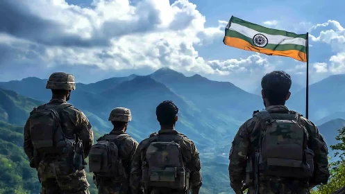 Indian soldiers overlooking misty Himalayan valley landscape.