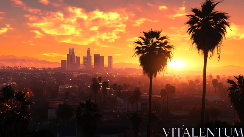 Sunlit palm skyline embracing vibrant urban sunset glow.