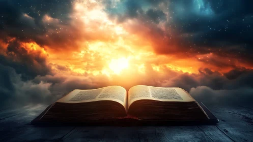 Dawn light pours from an ancient book, rewriting the sky