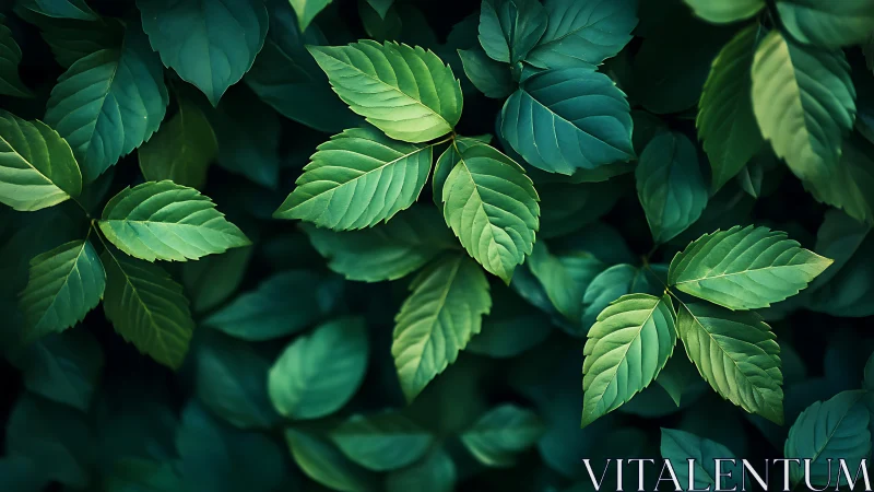 Lush green leaves form layered botanical background