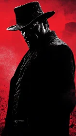 Dark cowboy silhouette against bold red textured backdrop.