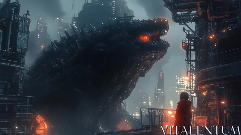 Colossal reptilian creature confronting lone figure in city.