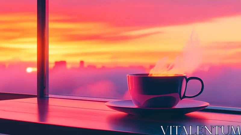 Steaming coffee cup against vivid digital sunset sky.