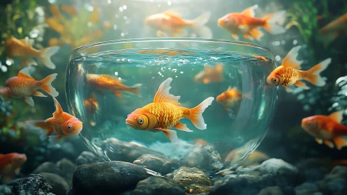 Sunlit goldfish daydreams around a glowing glass bowl.