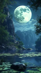 Lunar-lit mountain lake with lily pads in vertical composition.