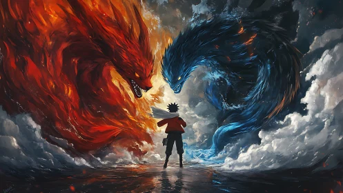 Young hero stands between roaring fire and water spirits.