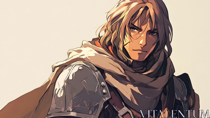 Stoic armored wanderer rendered in warm anime linework