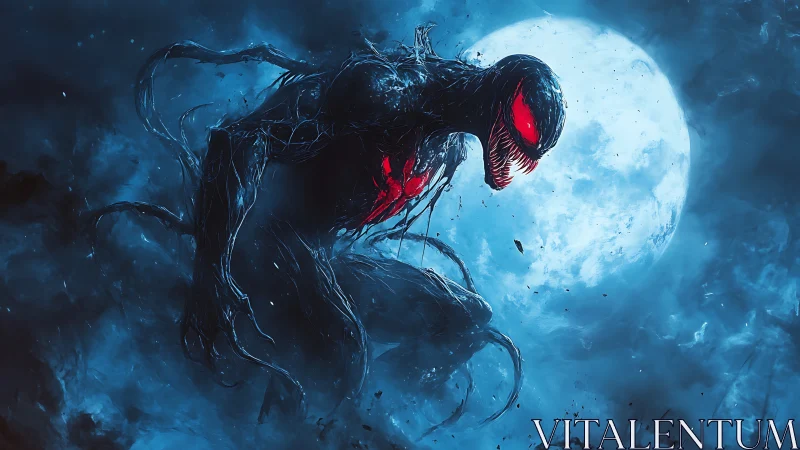 Lunar nightmare symbiote coils against an electric blue moon.
