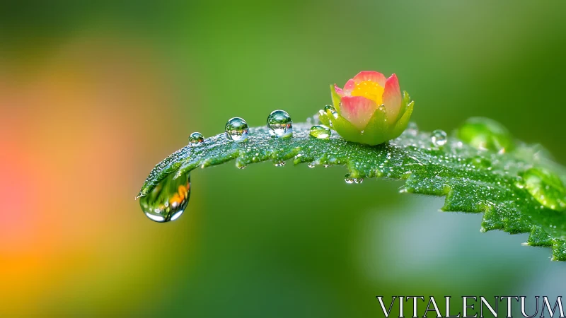 Macro view of dewdrops on green leaf with small flower bud.