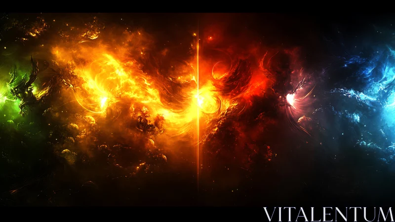 Elemental nebulae collide and carve a burning symmetry line