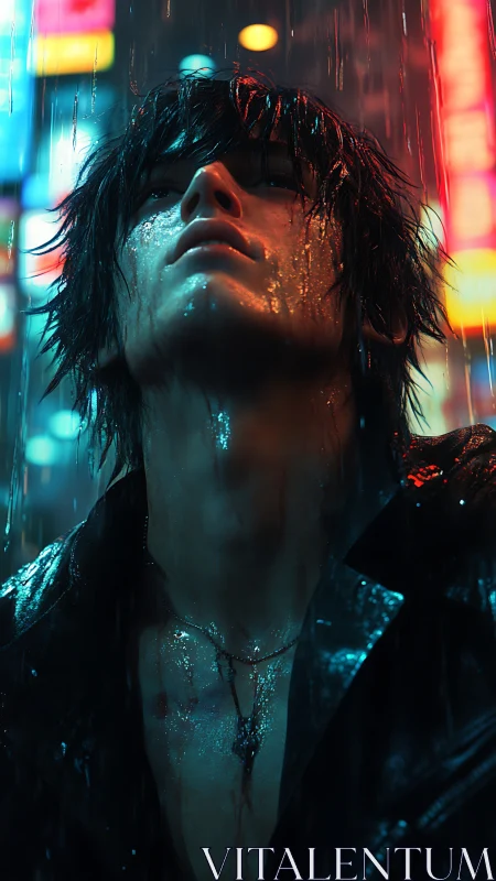 Rain‑soaked loner lifts his gaze beneath neon city lights.