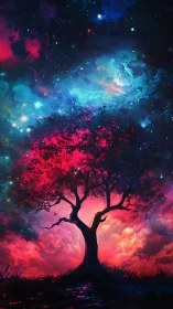 Cosmic nebula sky framing radiant magenta dreamtree silhouette.