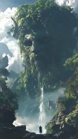 Colossal vegetated stone face forms cliffside waterfall guardian