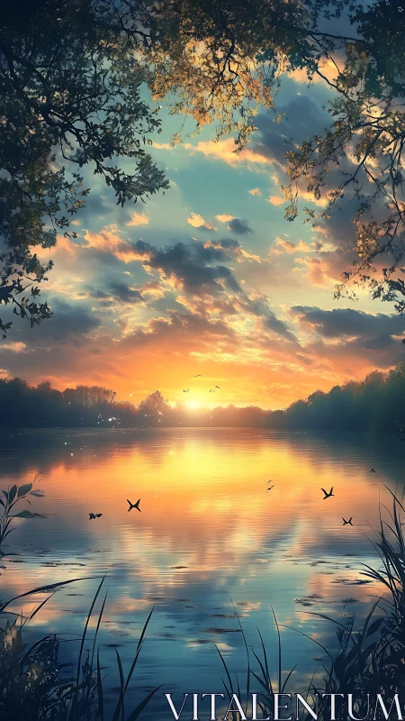 Sunset sky reflects on calm lake surface with flying birds