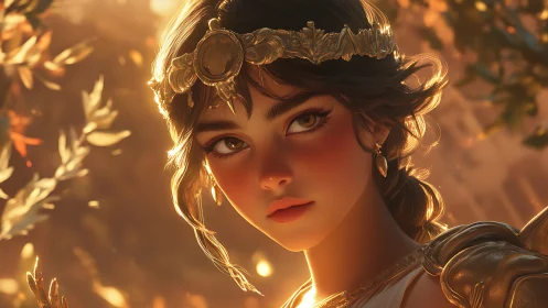 Sunlit warrior maiden in gilded laurel diadem portrait.