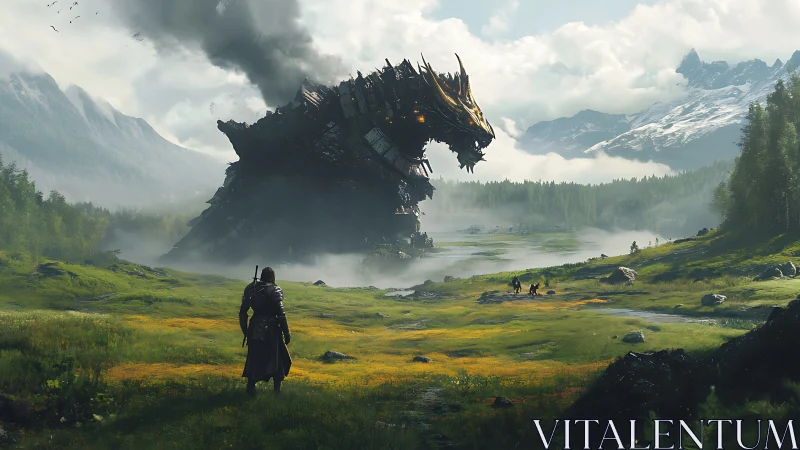 Collapsed mechanical dragon dominates misty alpine valley