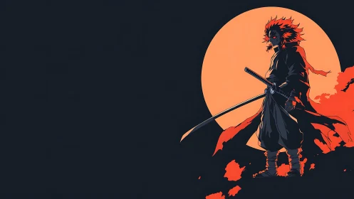 Samurai warrior silhoutted before blazing orange moon