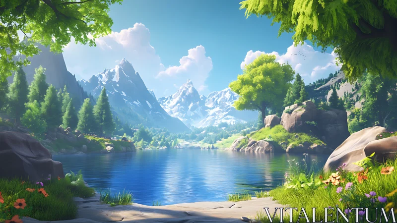 Mountain lake valley under vivid summer daylight glow.