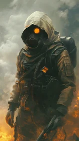 Hooded soldier in gas mask amid smoke and fire