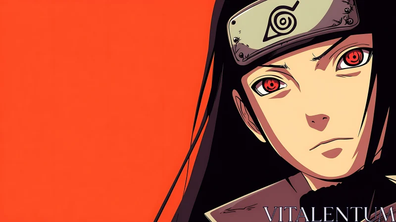 Red-eyed ninja portrait on flat orange minimalist background