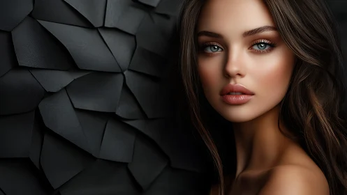 Soft gaze against sculpted black petals of shadowed calm.