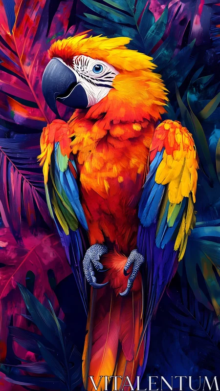 Chromatic macaw portrait within neon-saturated foliage field.