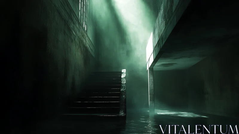 Concrete stairwell with overhead light in dark interior.