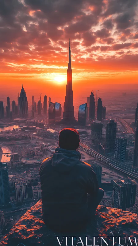 Silhouetted man overlooking modern city at vivid sunset.