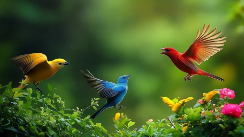 Vibrant Songbirds Flying Over Colorful Garden in Photorealistic Style.