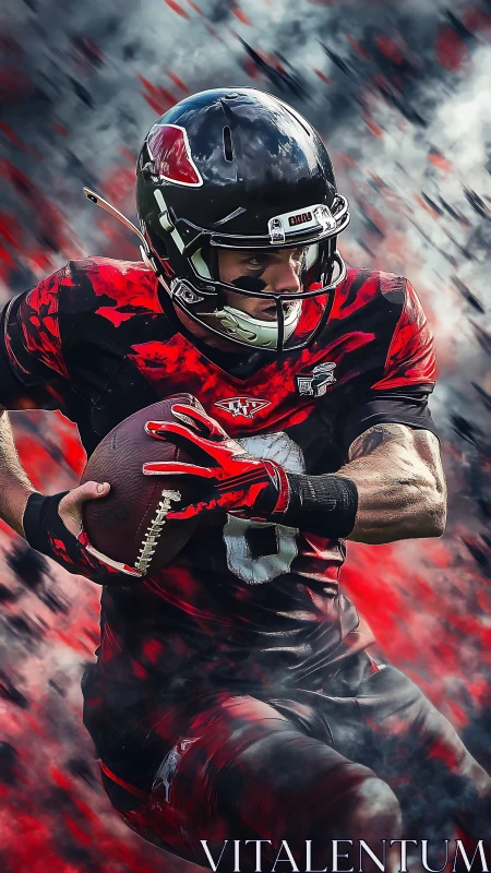 Gridiron runner drives forward through crimson storm.