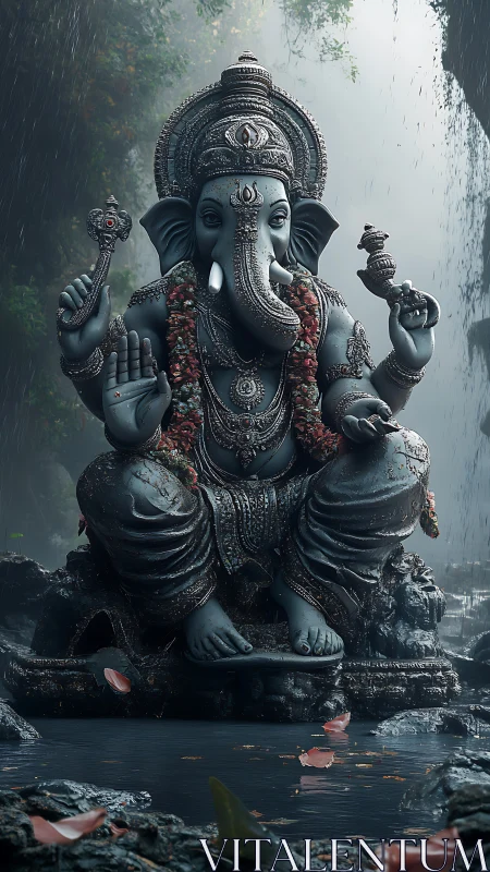 Gentle Ganesha statue rests calmly beside a misty forest pool