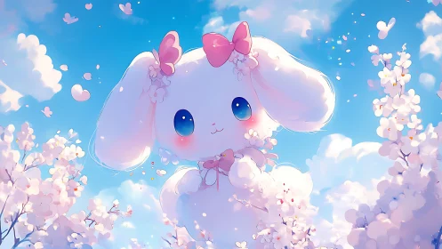 Large pastel rabbit character floats among stylized blossom clouds