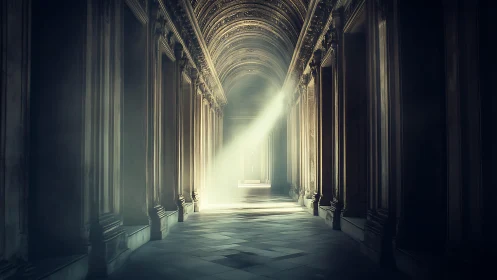 Sunlit silence in a grand vaulted marble corridor.