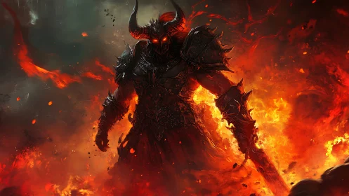 Infernal armored warlord emerges from flames in dynamic chiaroscuro