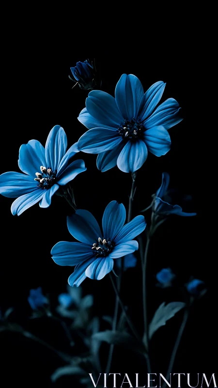 Blue Blooms Dancing in Darkness: Nature's Radiant Beauty