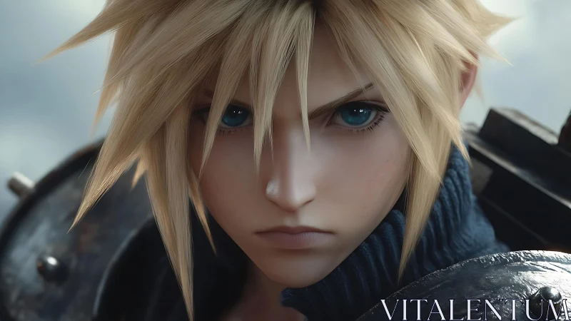 Blond anime warrior stares forward with intense blue eyes