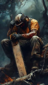 Exhausted lumberjack with chainsaw rests amid scorched forest
