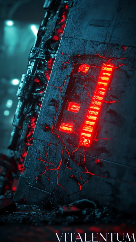 Glowing red glyphs carved into a crumbling cyber relic.