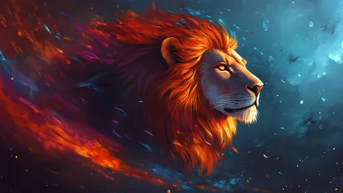 High contrast digital lion portrait with bifurcated color fields