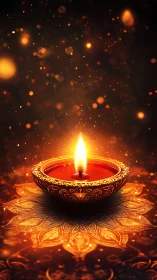 Clay oil lamp with flame on patterned surface at night.