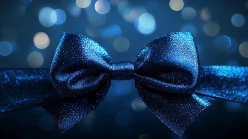Metallic blue ribbon bow is centered against blurred lights