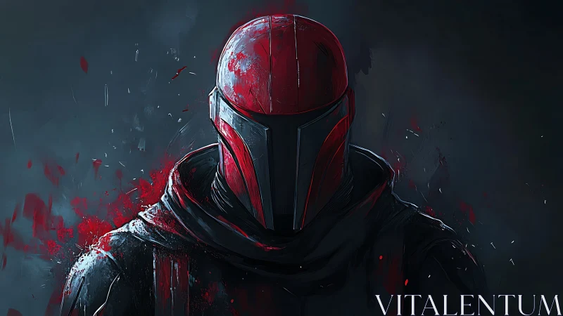 Mysterious red-armored warrior bathed in midnight shadows.